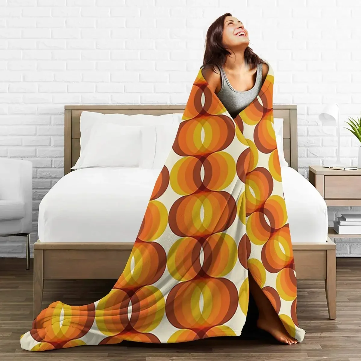 Orange, Brown, And Ivory Retro 1960s Wavy Pattern Blankets Warm Flannel Throw Blanket Plush for Bed Living room Picnic Home Sofa