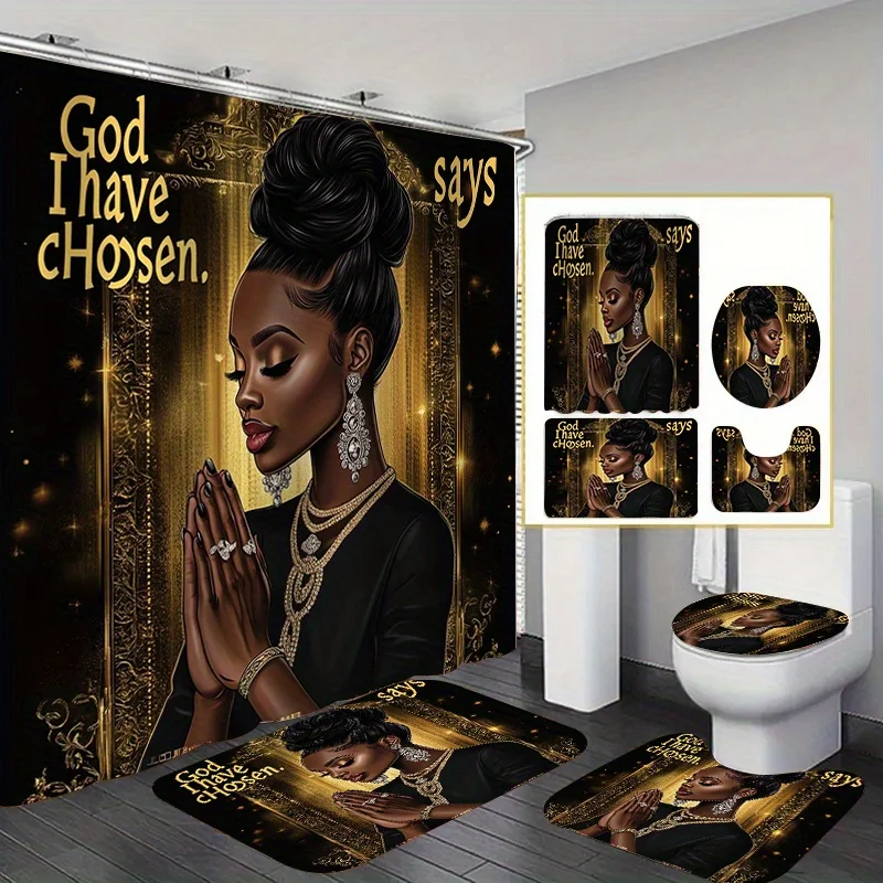 Divine Shower Curtain Set | Waterproof, Non-Slip Mat, Toilet Lid Cover, Bathroom Rug, 4-Piece