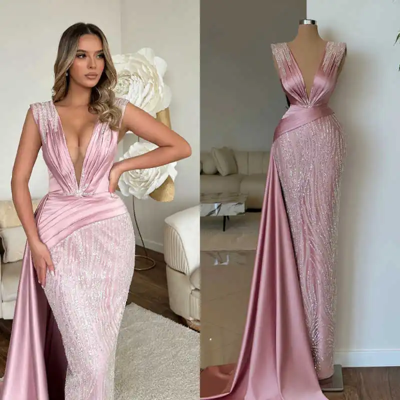 

Exquisite Evening Dresses Women Pleat Deep V Neck Sleeveless Crystal Sequins Floor Length With Satin Side Tail Prom Party