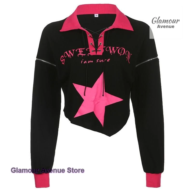 American Spice Girl POLO Collar Contrasting Star Top Women's Spring and Autumn Fashion Design Zipper Lace Irregular Coat
