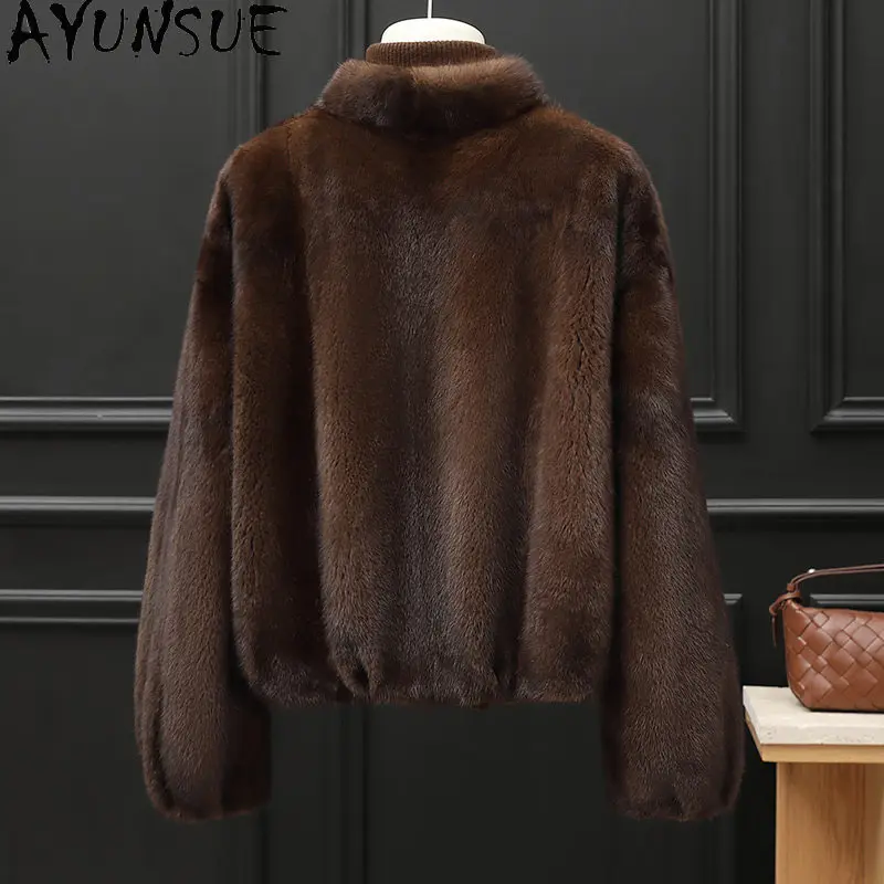 AYUSNUE 럭셔리 리얼 밍크 퍼 코트 여성 겨울 의류 숏 스타일 재킷 여성용 신상품 천연 전체 밍크 코트