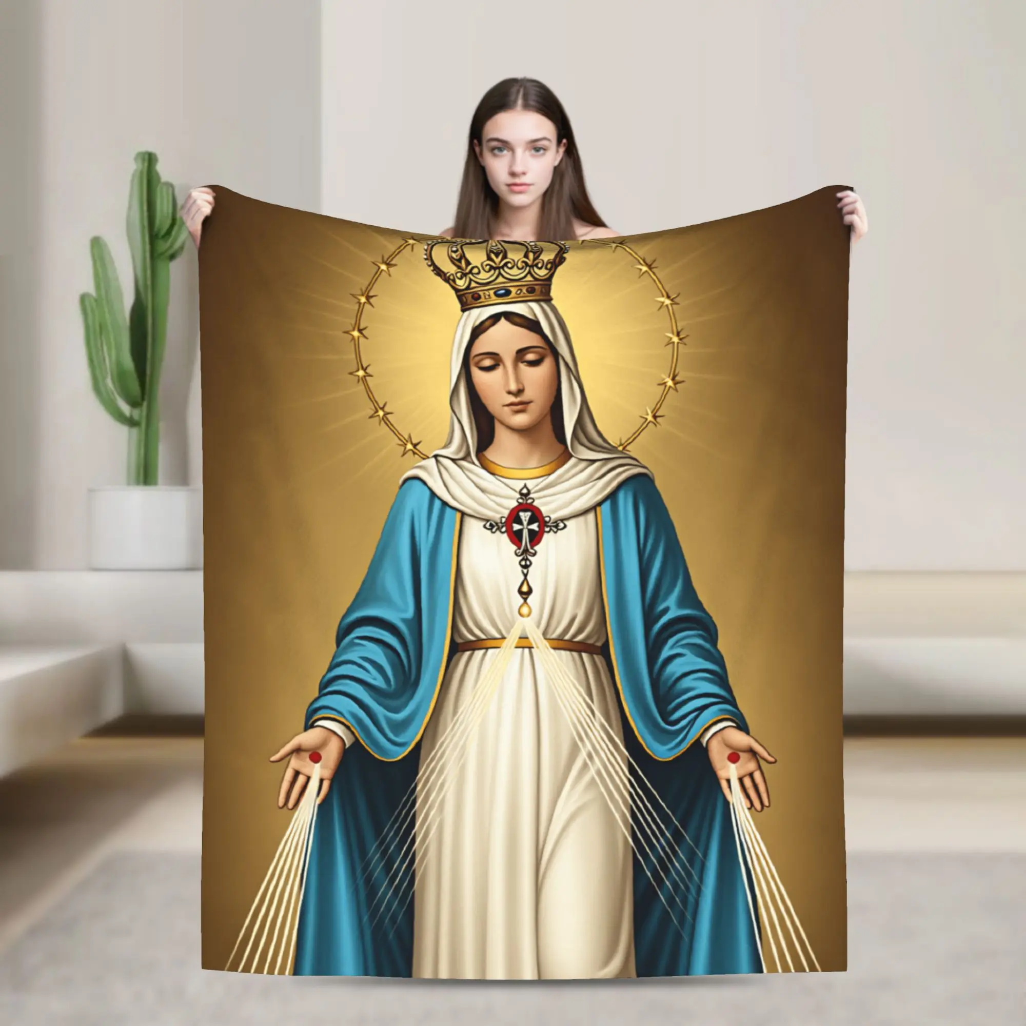 Crowned Our Lady Of Grace Miraculous Medal Blue Roses Catholic Art Flannel Blanket Boy Girl  Soft Comfy Bedding Throws Bed Cover