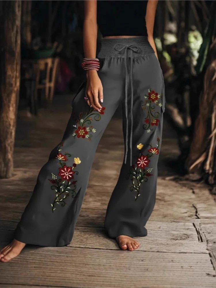 Leisure Flower Print Pant For Woman Spring Autumn Fashion Elastic Waist Lacing Design Trousers Ladies Hot Style Versatile Pants