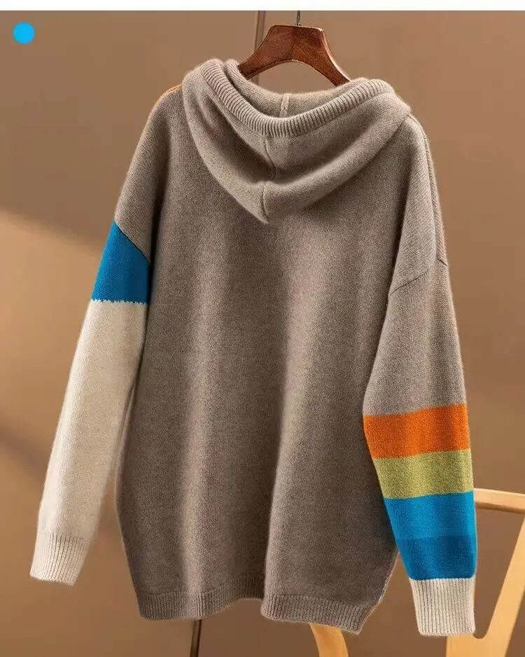 2023 New Rainbow Inlaid Loose And Thick Hooded 100% Pure Cashmere Sweater Women's Hoodie Long Sleeve