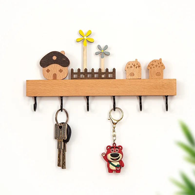 Wall Mounted Wooden Key Hook Rack Three-Plus Hooks Nordic Style Entryway Organizer Keys Light Accessories Modern Simple Home