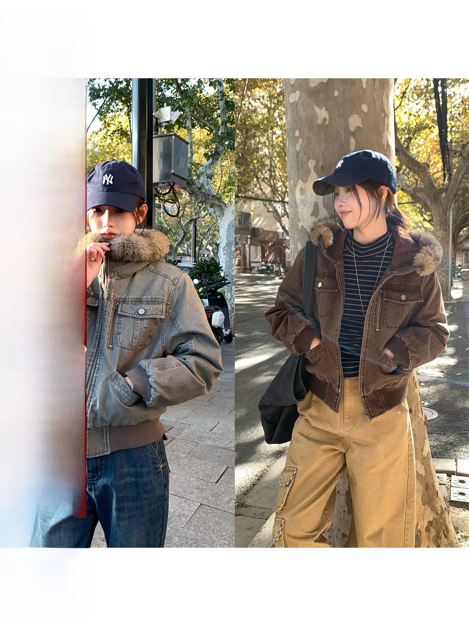 

RAINY Women's Cotton Jaet Quilted Zipper ort Coat with Fur Collar Retro Workwear kets American Sle Winter Outerwear