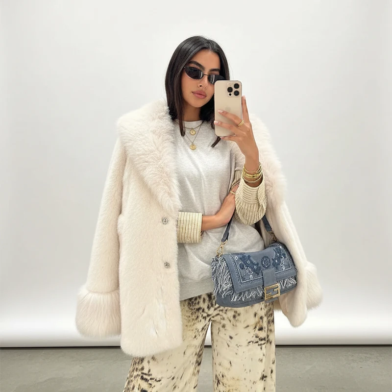 سترة نسائية متينة غير رسمية من الفرو الصناعي الأبيض مع طية صدر السترة واحدة الصدر كم كامل ملابس خارجية فضفاضة للسيدات معطف شتوي للتنقل في الشارع 2025 #6