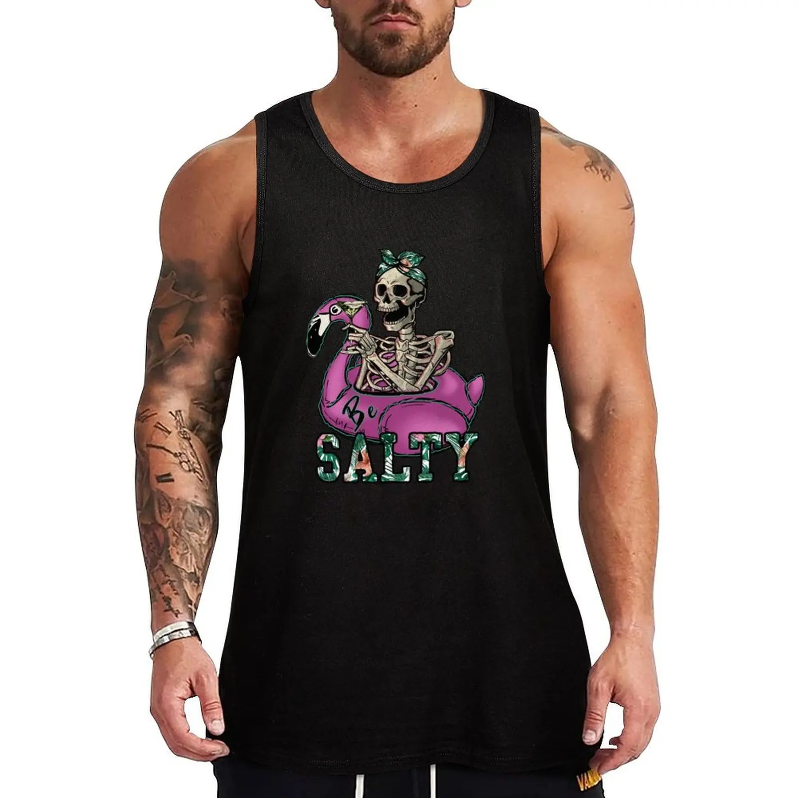 Funny Hilarious Summer Be Salty Skeleton Riding a Pink Flamingo Tank Top Essential Tank Top Cotton Casual Sleeveless Undershirt