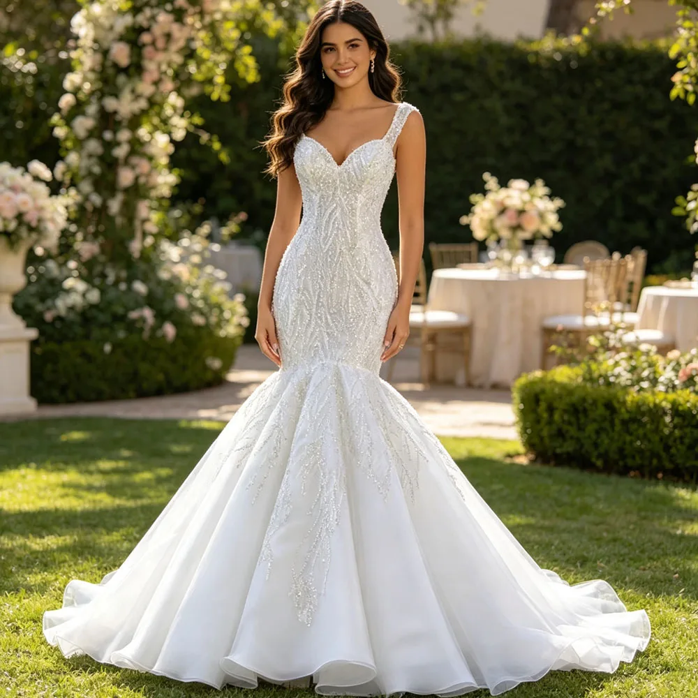 Sexy Robe Mariage Sweetheart Sleeveless Lace Up Back Sequined Sheath Fit Wedding Dress Customized