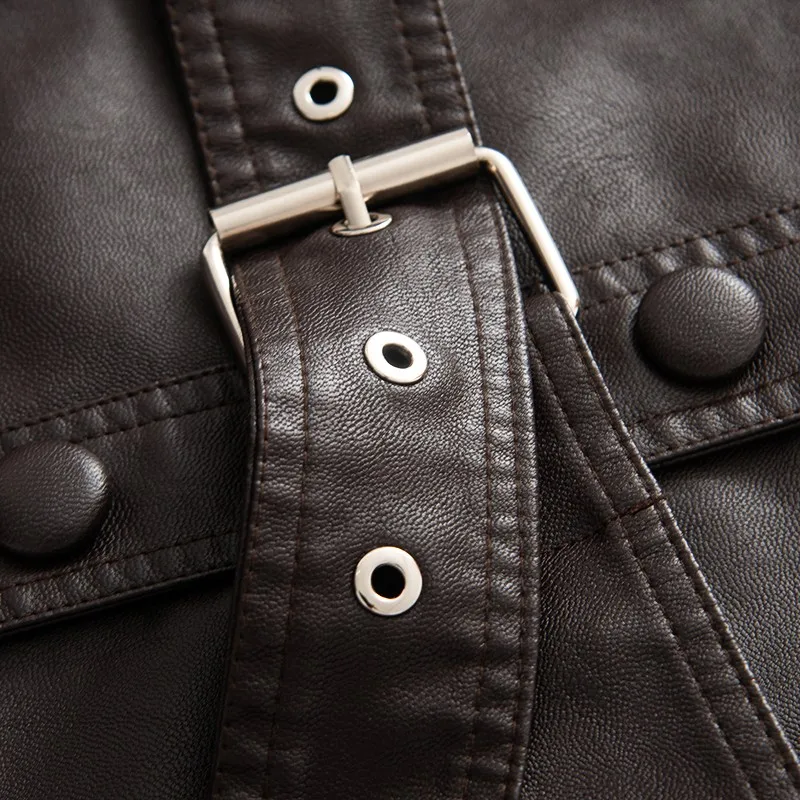 Chaqueta de Motera para Mujer, Estilo Retro E, Cuero Sintético Marrón, Diseño con Cinturón, Moda Otoñal, Corte Recto, ...