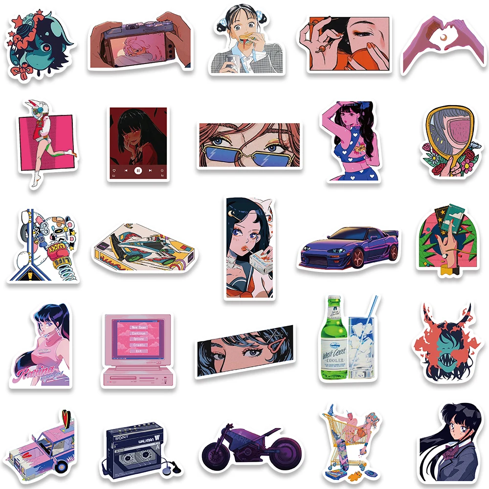 50pcs City Pop Girls Cute Kawaii Stickers Cartoon Aesthetic Decals For Kids Laptop Scrapbook PS5 Fridge Cars Phone Stickers