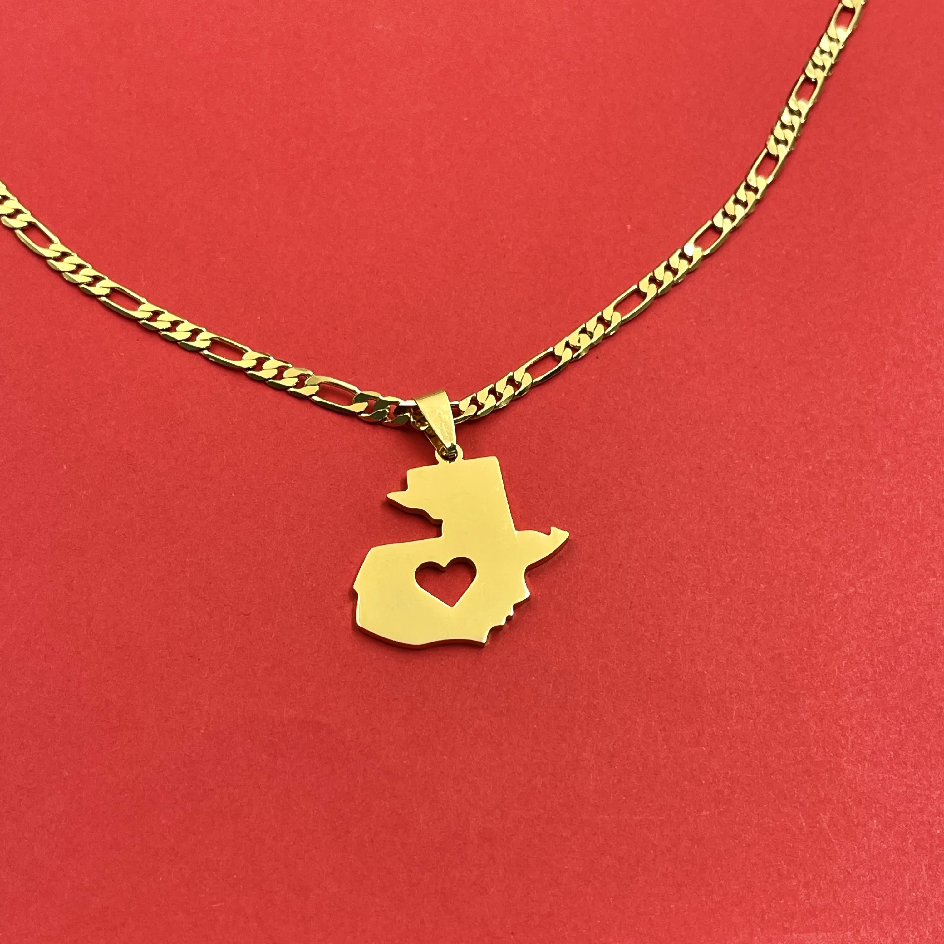 Gold stainless steel Guatemala map necklace with hollowed out heart-shaped pendant inside the map, ethnic commemorative collarb