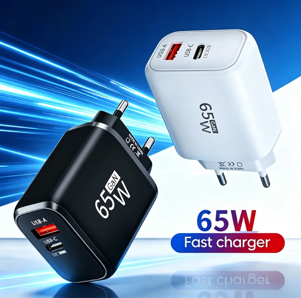 65W GaN USB C Charger PD 2Ports Dual Charger  QC 3.0 Fast Charging Charger Portable Power Adapter for iPhone Samsung Xiaomi POCO