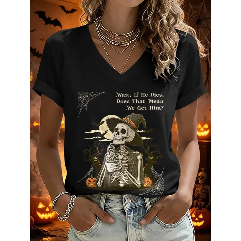 ilstile Women's Halloween Print T-Shirts Summer Short Sleeve V Neck Tops Casual Loose Tees Orange Hot Sale