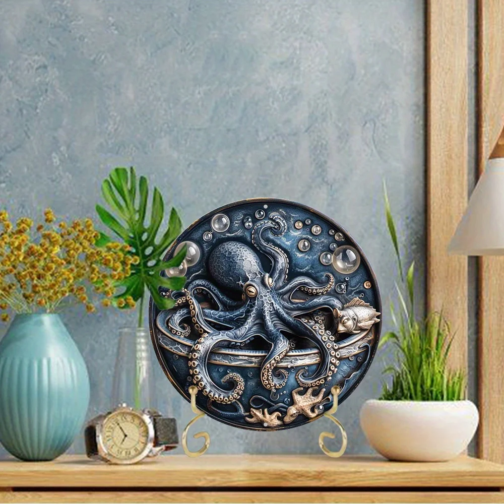 Ocean Octopus Round Aluminum Wall Art, Durable and Fade-Resistant Decor for Home, Office, Perfect Gift for Marine Enthusiasts