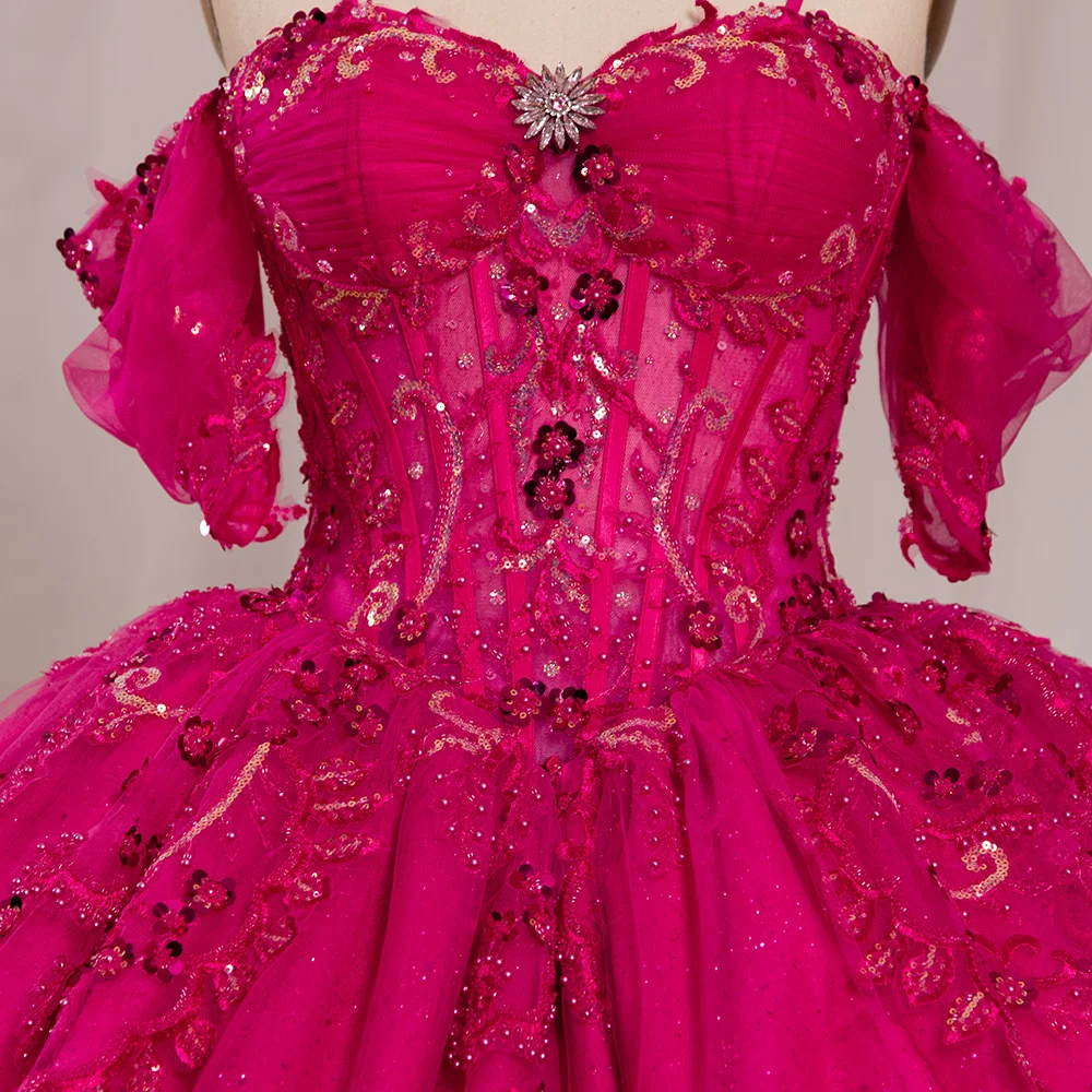 Fuchsia Princess Quinceanera Dresses Ball Gown Off The Shoulder Tulle Appliques Sweet 16 Dresses Lsyb07