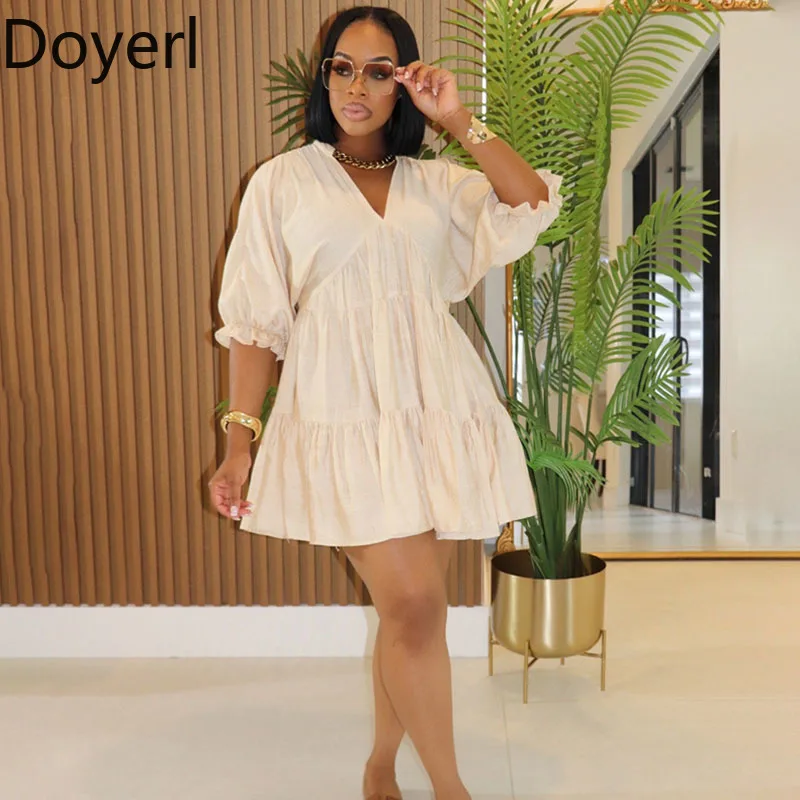 Doyerl Solid Casual Sukienki Bluzki w Kształcie Litery A Damskie z Rękawem Letnie Ubrania Dekolt V Krótki Rękaw Luźne Falbanki Mini Sukienka Koszulowa