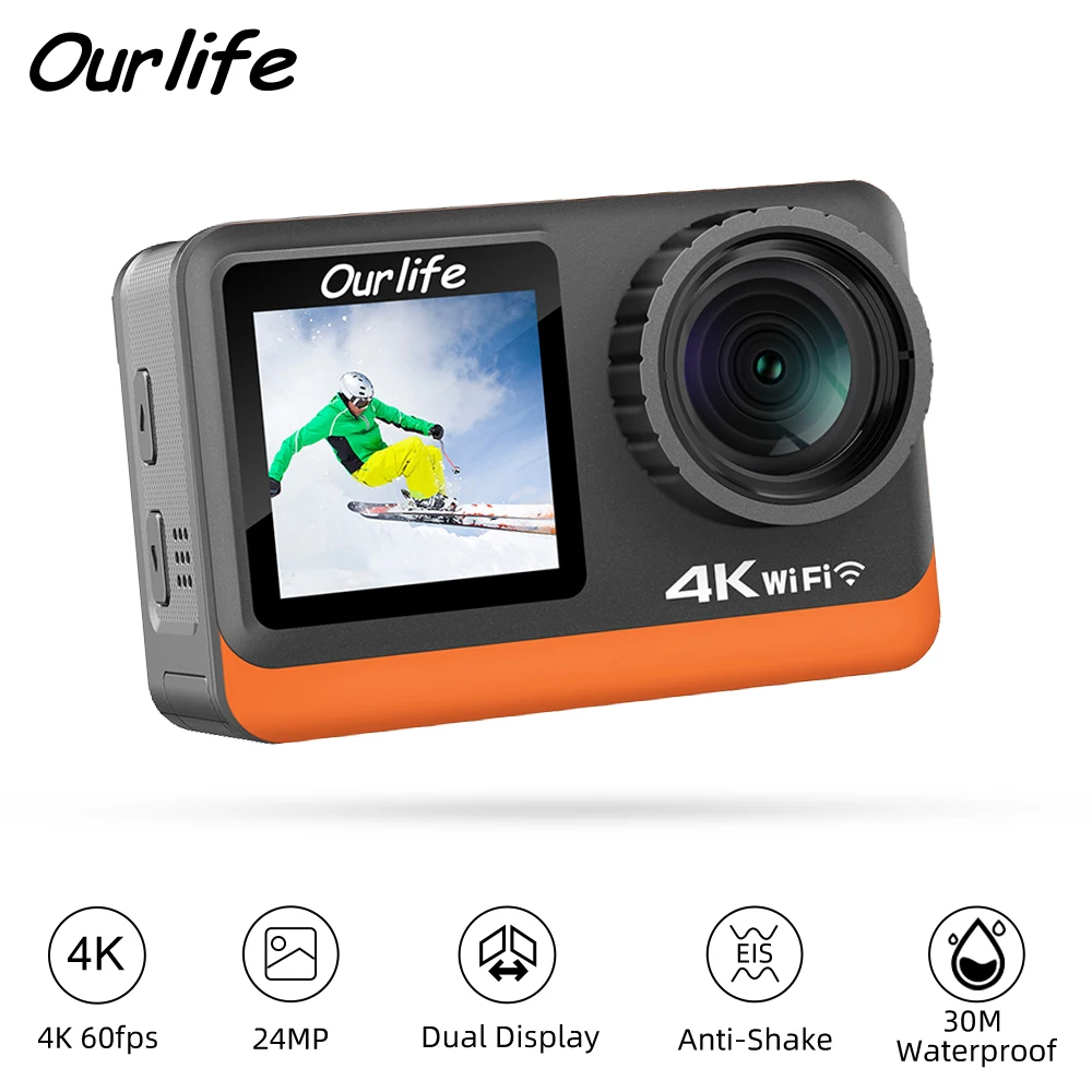 Ourlife 4K60FPS caméra d'action 2.0 écran tactile IPS 24MP Wi-Fi 170D EIS 30M casque étanche Webcam 4X Zoom en option 6 filtres
