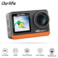 Cámara de acción Ourlife 4K60FPS 2,0 pantalla táctil IPS 24MP Wi-Fi 170D EIS 30M cámara web impermeable para casco Zoom 4X opcional 6 filtros