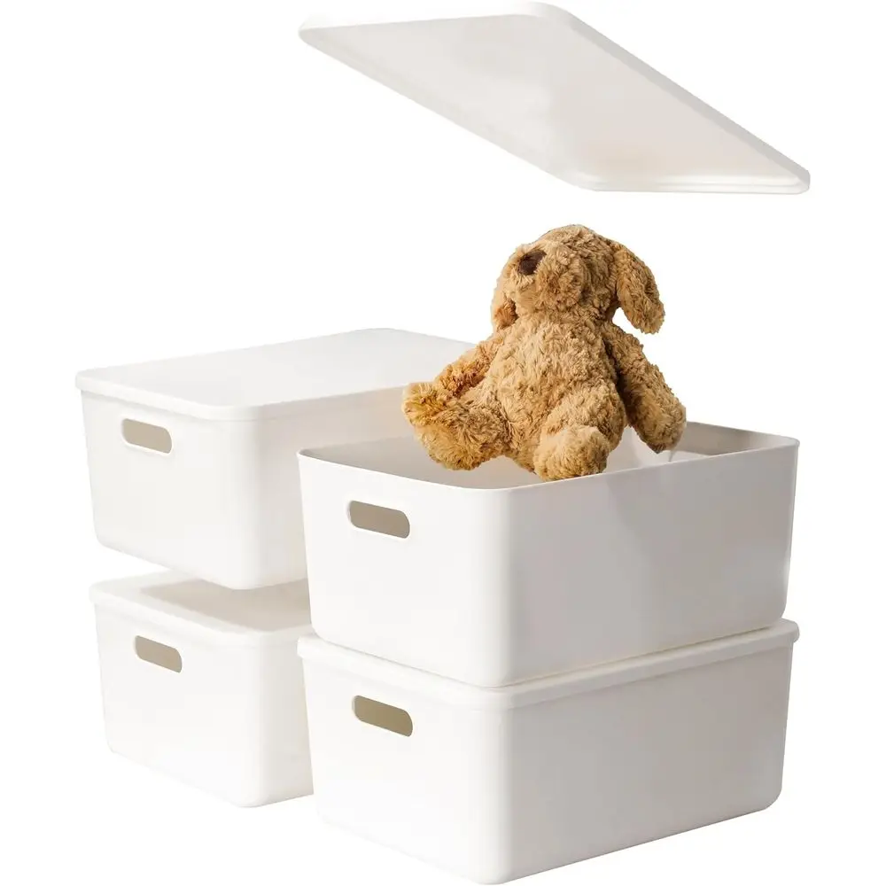 

Набор из 4 больших пластиковых белых контейнеров для хранения, корзин, ящиков для игрушек с крышками и ручками, органайзеров для детских вещей, закусок, нюхательных изделий