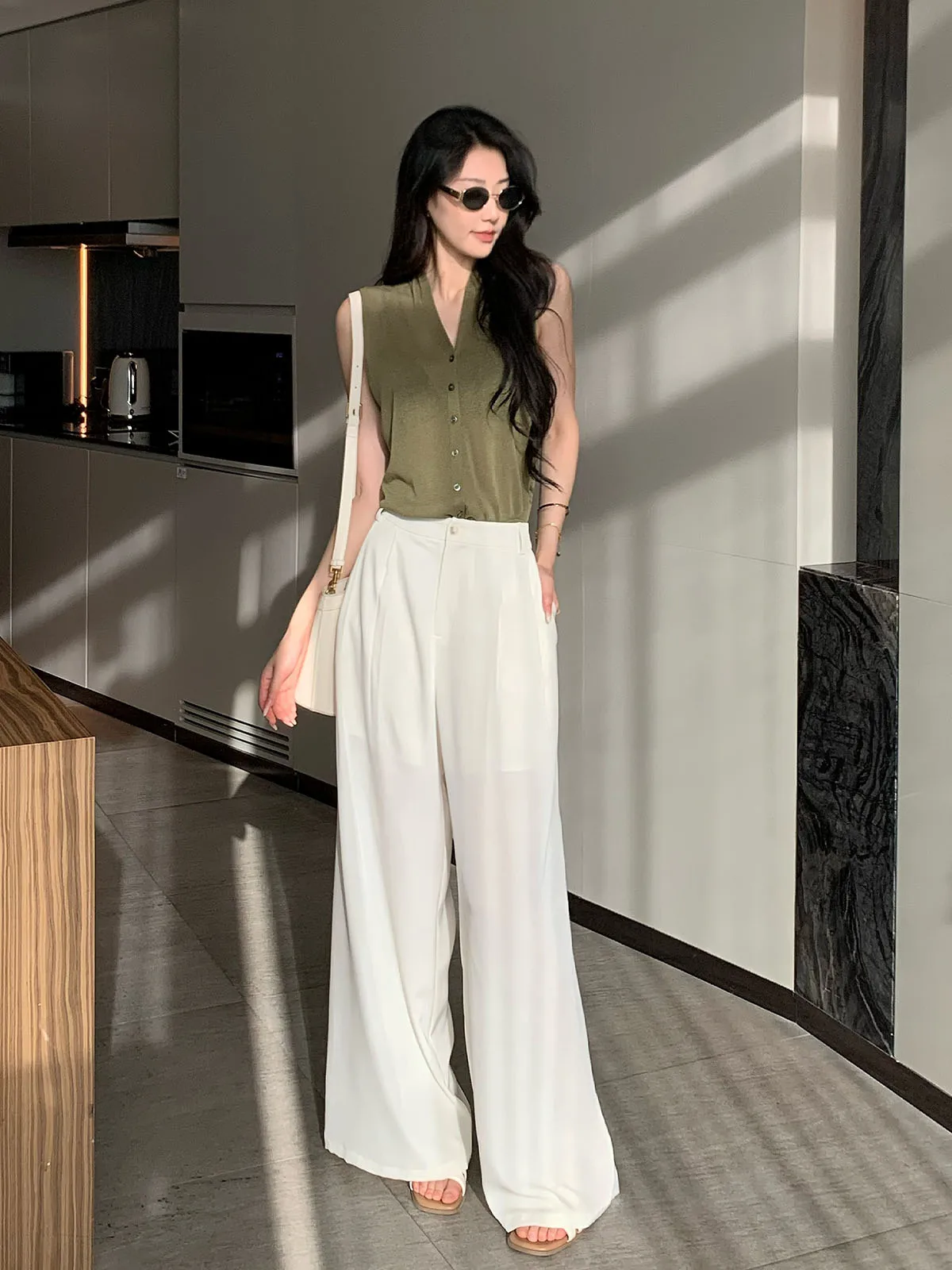 

Slimming Straight Leg Pants Women's Casual High Waist Trousers Drapey Wide Leg Floor-Length Korean Sle Polyester Fiber