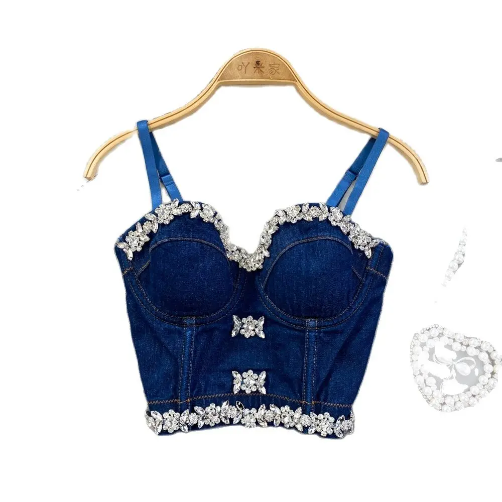 Denim Rhinestone Cropped Sexy Women Top With Cups Push Up Camisole Bustier Corset Female ropa de mujer