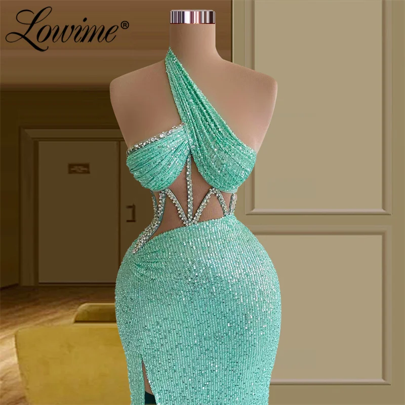 Lowime Mint Green Sexy Party Dresses Women Floor Length Women Evening Gowns 2022 Sequin Illusion Waist Split Side Prom Dress