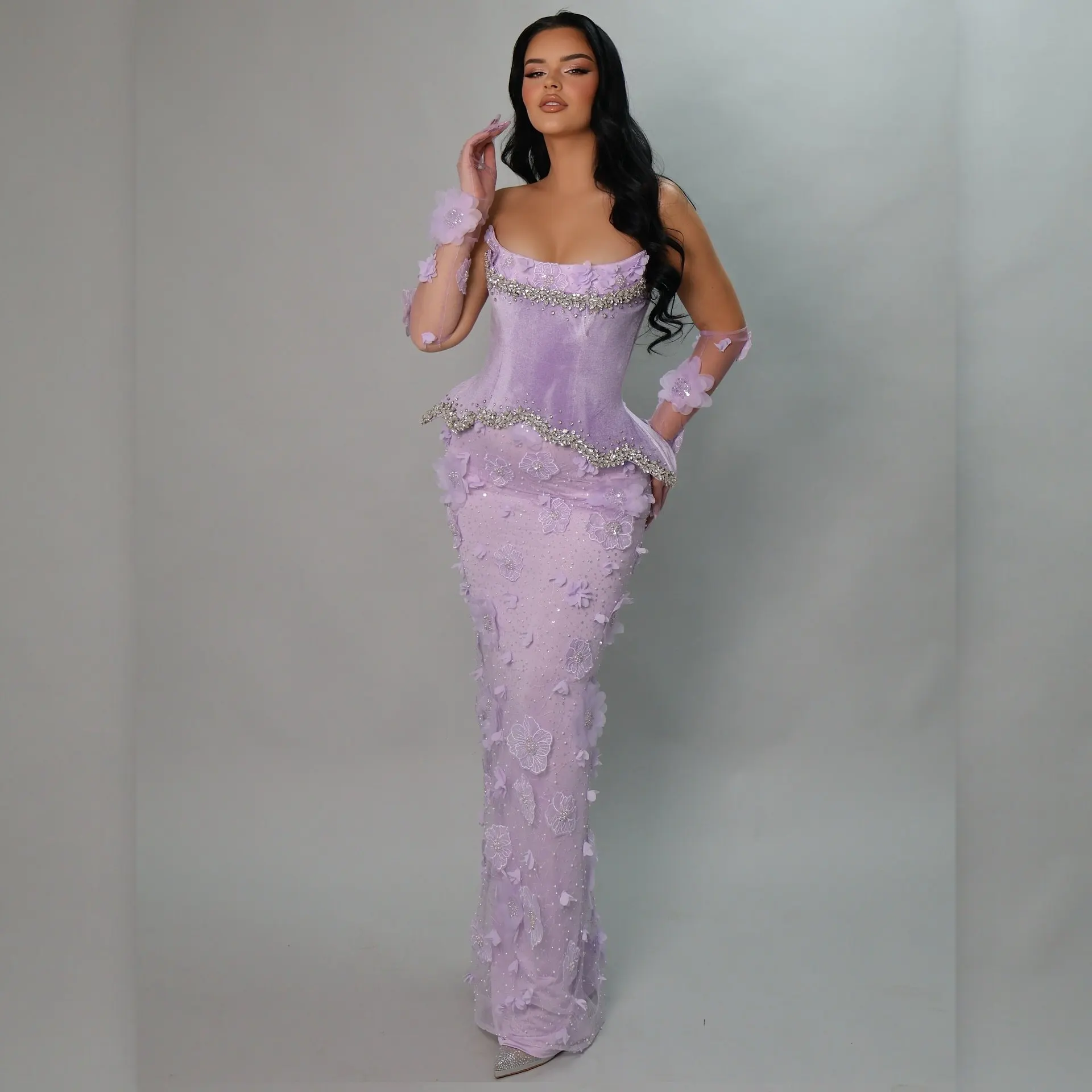 

Elegant Lavender Long Prom Dress 2026, Strapless Beaded Mermaid Gown with 3D Flowers, Crystal Embellished Formal Evening Wear