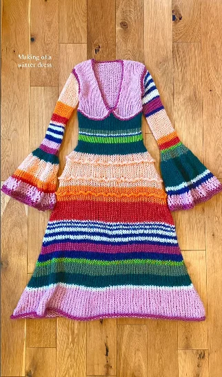 Maheimao-Large V-neck Flare Sleeves Pullover, Woolen Dress, Colorful Knitwear Small and Fresh, High End Customized, Spring, 2024