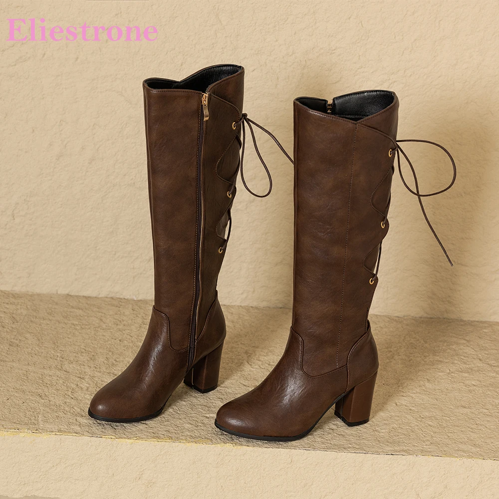 2024 New Winter Comfortable Brown Black Women Knee High Boots Sexy High Sqaure Heels Lady Shoes Plus Small Big Size 33 43 48 52