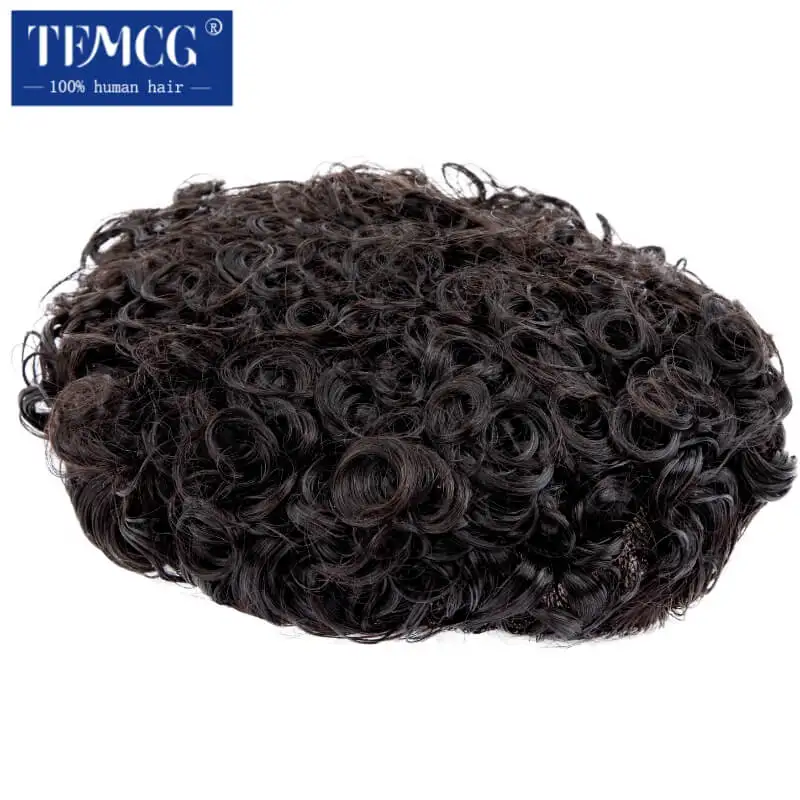 20mm Curly Hairpiece Fine Mono Male Hair Prosthesis Men Toupee 100% Indian Human Hair  7" Male Wig Exhuast Systems Men Wig