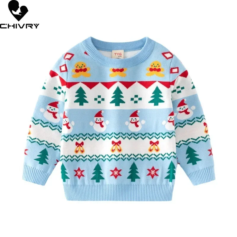 

Kids Cartoon Christmas Snowman Jacquard Knitted Jumper Sweaters New 2023 Autumn Winter Baby Girls Round Neck Pullover Sweater