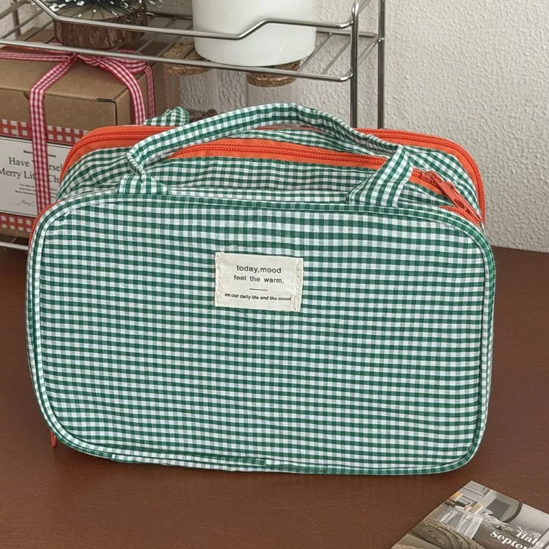 Green Purple Plaid Multi Layer Handheld Cosmetic Bag Separate Compartments Large Capacity Travel Skincare Toiletry Organizer