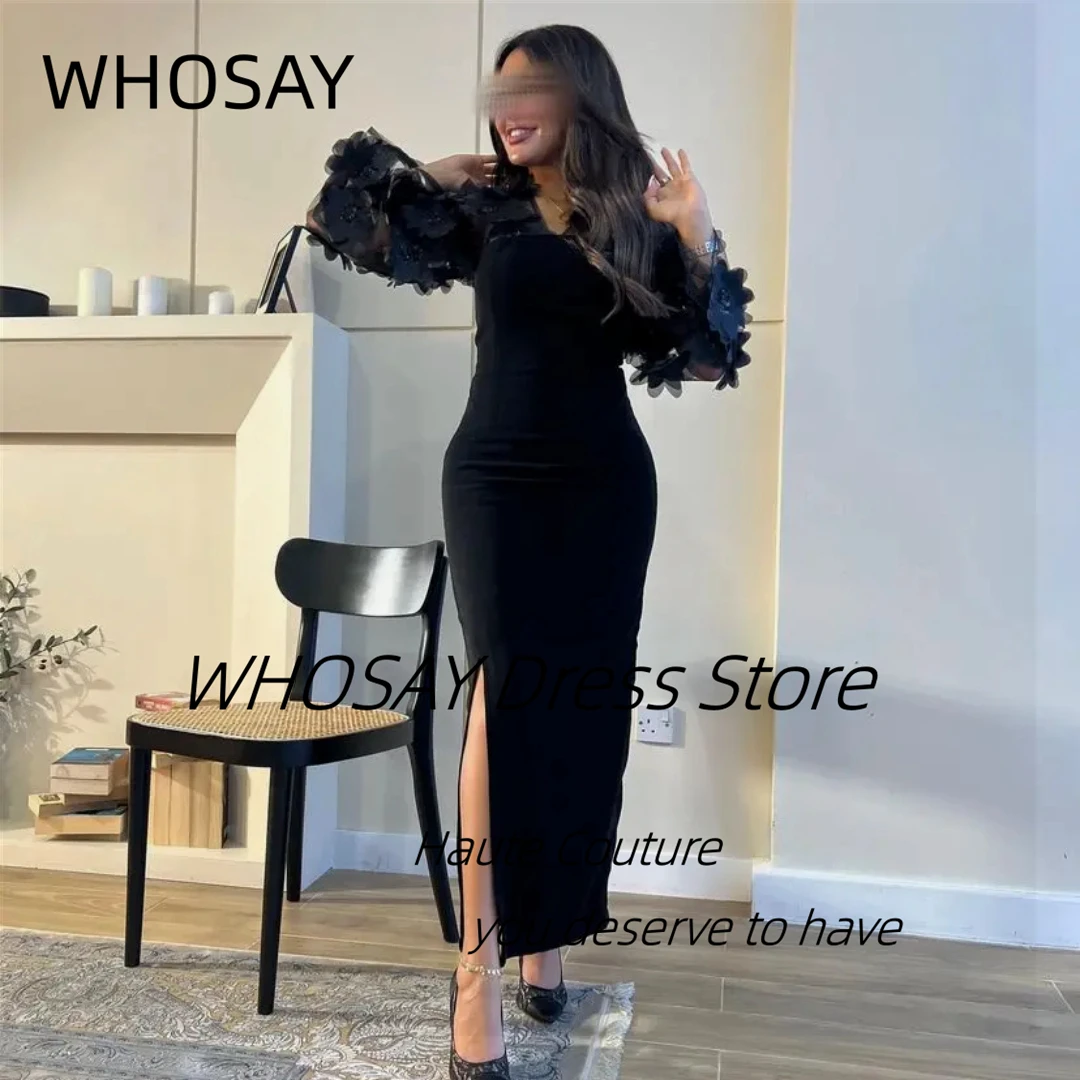 

WHOSAY Индивидуальное платье для выпускного вечера с 3D-цветами и длинными рукавами, черные платья с v-образным вырезом для особых случаев, вечерние платья с разрезом по бокам