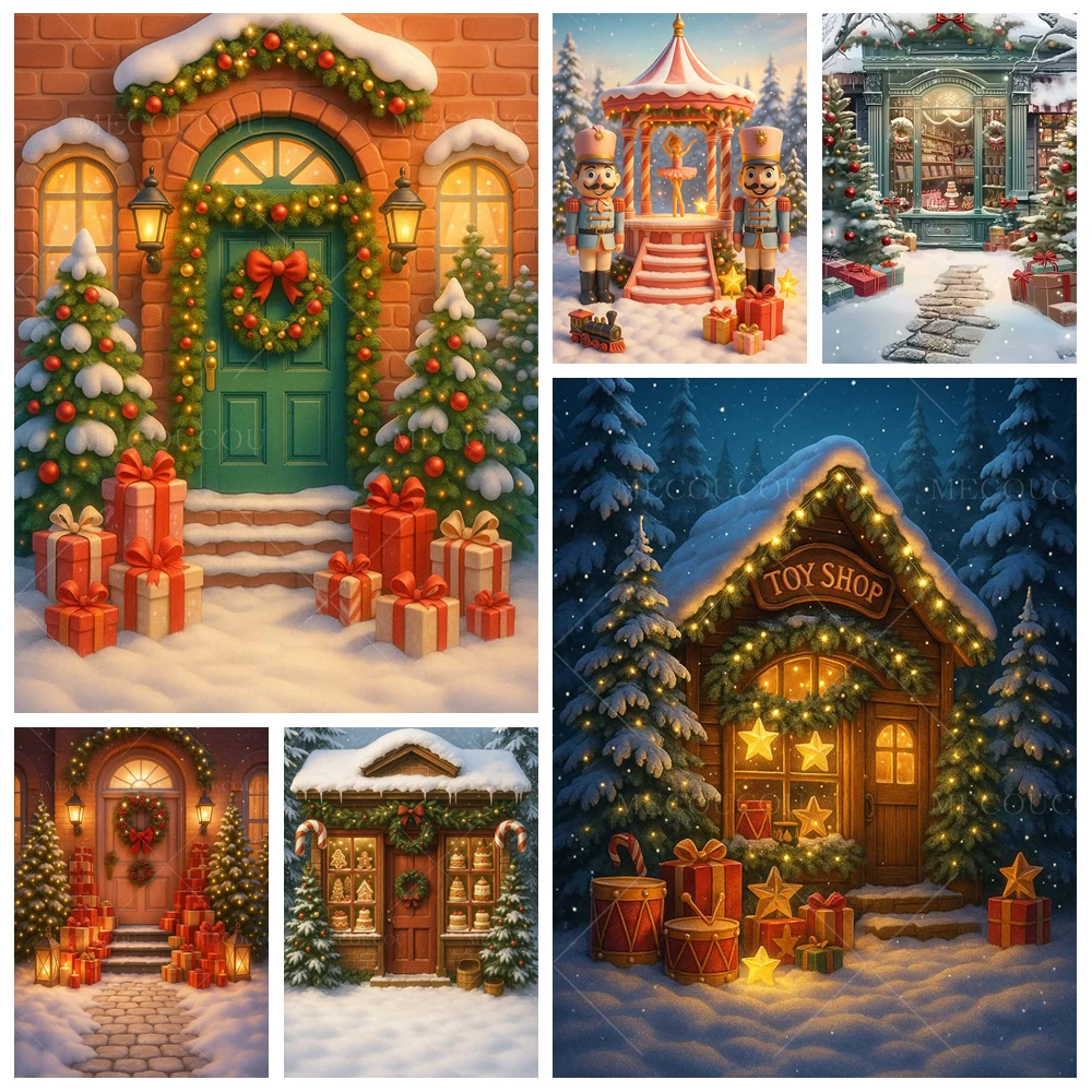 

Winter Christmas Toy Store Photography Background Custom Vertical Barn Wooden House Child Birthday Family Party Decor Poster