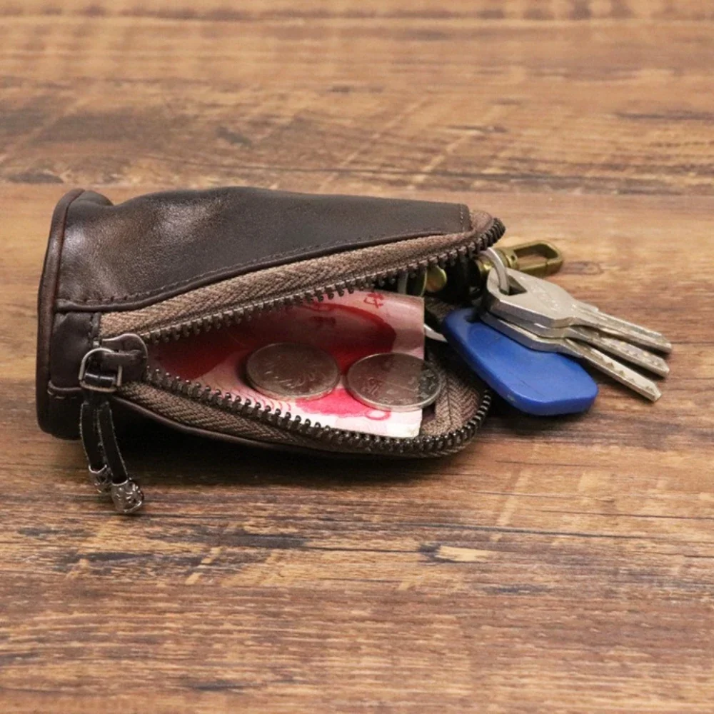 Men Vintage Distressed Vegetable Tanned Leather Key Holder Large Capacity Waist Hanging Keychain Pouch Retro 남성 가죽 키 파우치