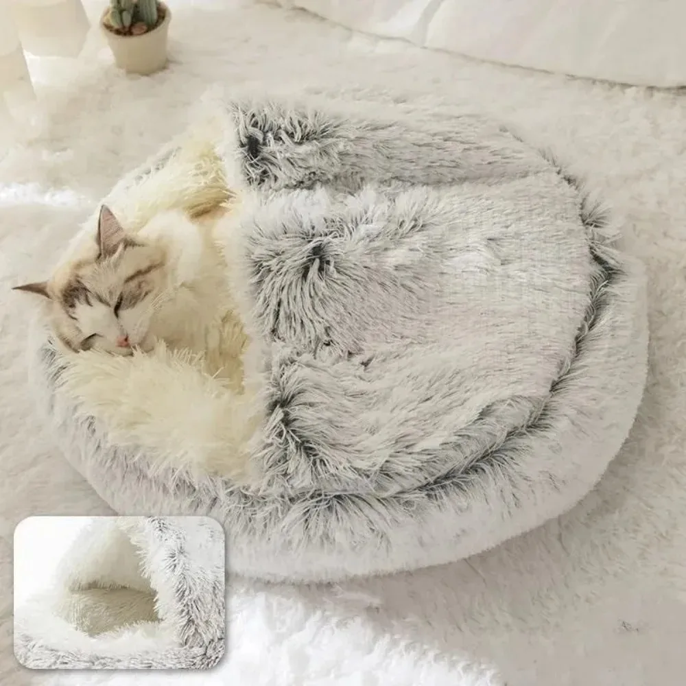 Morbido peluche rotondo letto per gatti caldo e confortevole inverno lungo peluche letto per gatti rotondo semi chiuso nido per gatti per cani di