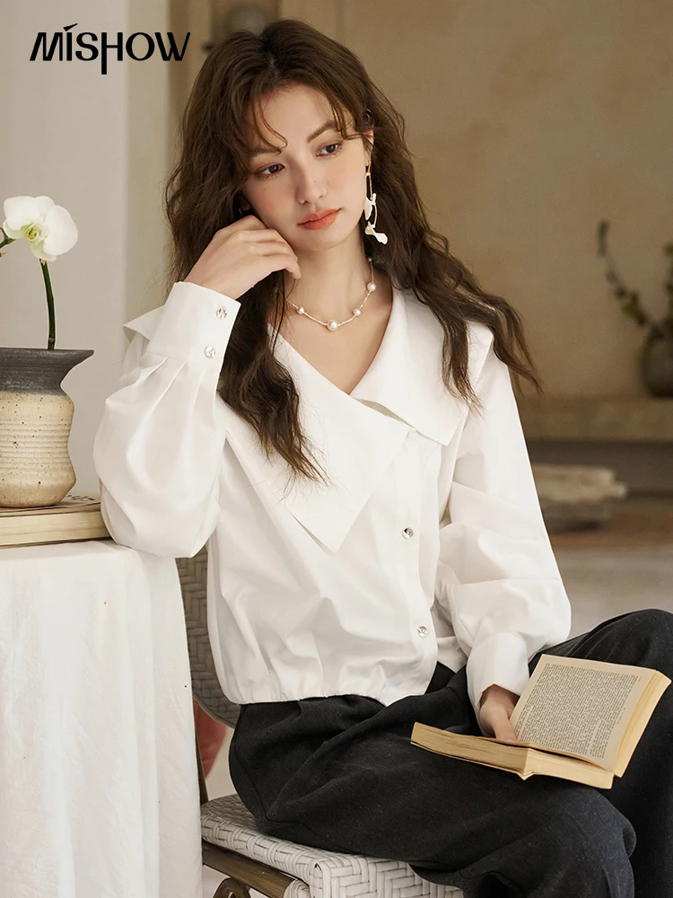 MISHOW White French Irregular Large Lapel Shirt for Women 2024 Spring Single Breasted Diagonal Placket Solid Tops MXD11C0175