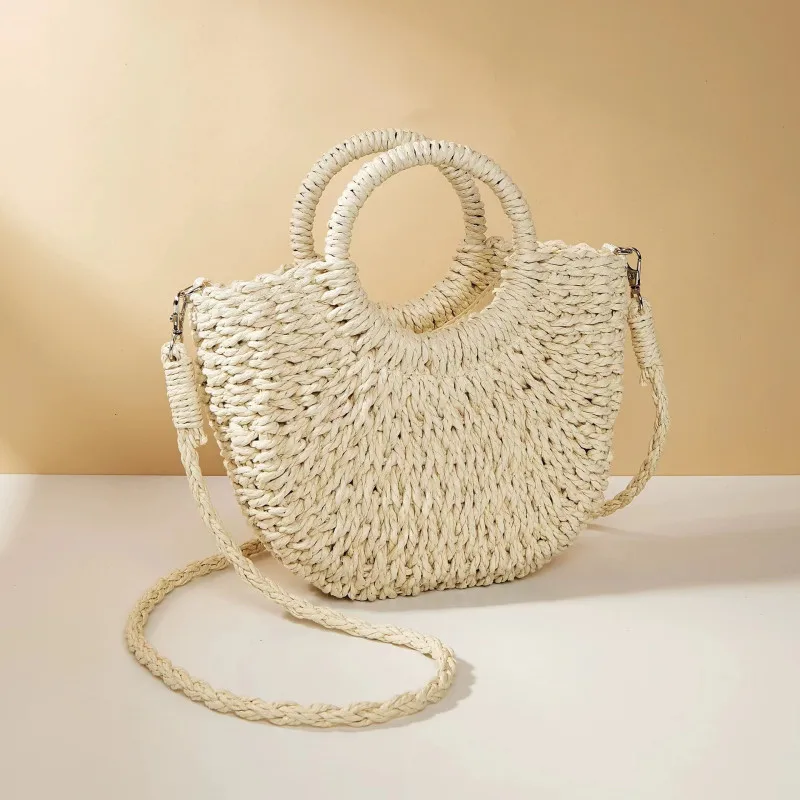 2026 NEUE Sommer Damen Handgefertigte Gewebte Stroh-Rattan Halbmond-Strandtasche Große Kapazität Hohle Crossbody Schultertasche – Detail 1