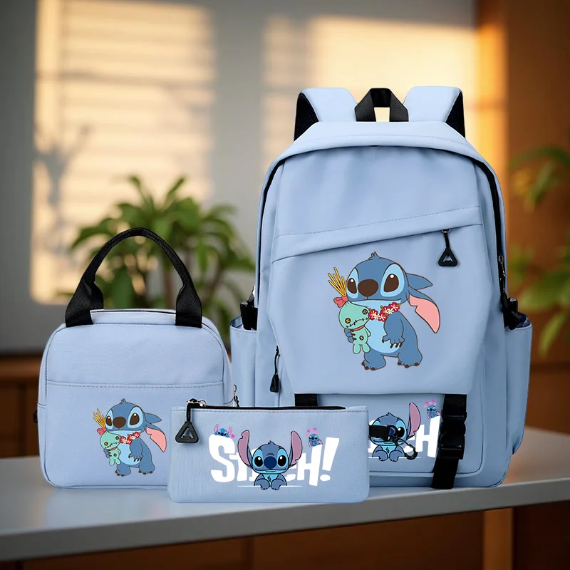 Mochila Stitch de 3 piezas: bolso escolar de nailon duradero de gran capacidad, compartimento, incluye bolso y estuche para lápices para la escuela y los viajes