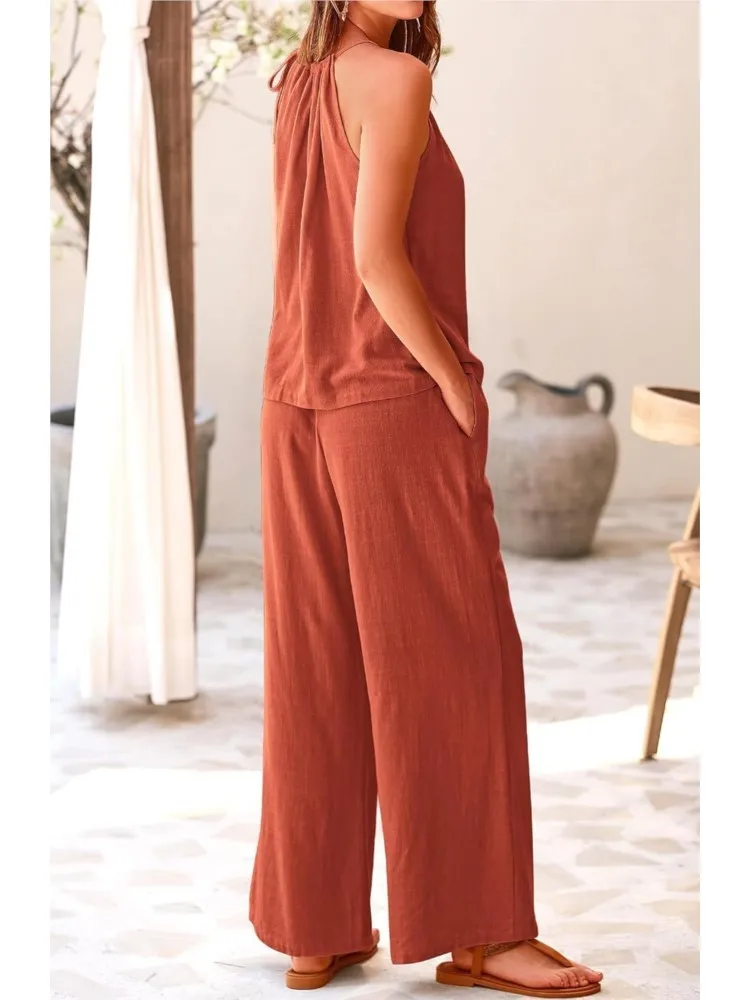 Damski zestaw na wiosnę i lato: bezrękawnik, dwuczęściowy komplet, modny, ażurowy dekolt, topy, spodnie z szerokimi nogawkami, strój na co dzień, jednolity kolor.