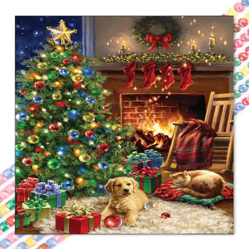 1Pcs, 5D-DIY, Round Diamond Painting Set, Diamond Art, Christmas Tree, Fireplace, Animals, Home Decoration