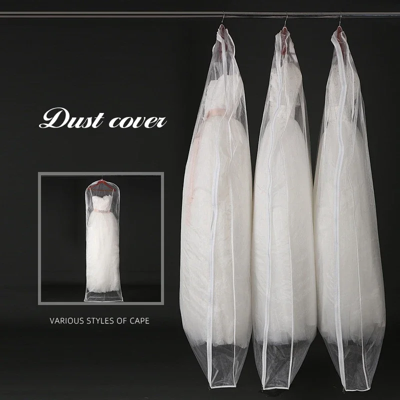 Double-sided Transparent Tulle/Voile Wedding Bridal Dress Dust Cover with Side-zipper for Home Wardrobe Gown Storage Bag