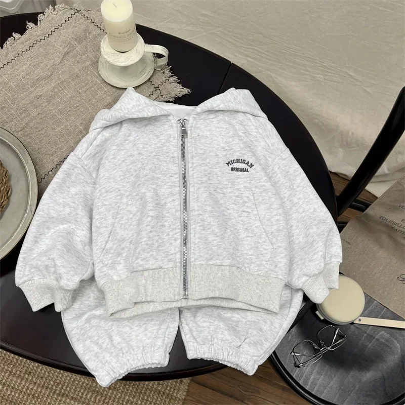 Childrens Set Athletic Sweatshirt Set 2024 Autumn New Hooded Jacket Zip-up Cardigan Comfortable and Casual