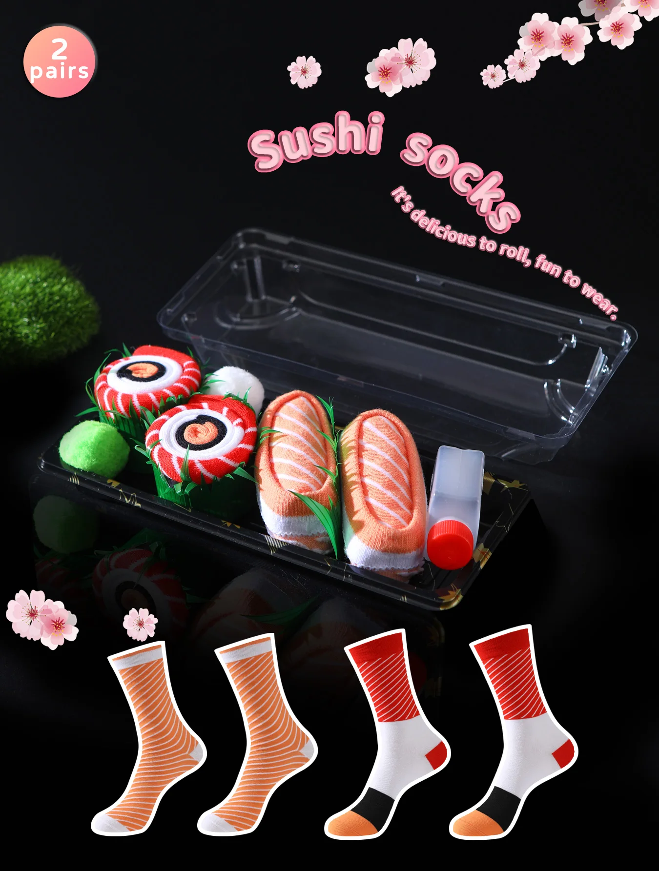 

2 Pairs of Unisex Comfortable, Novel, Fun, and Colorful Salmon Sushi Gift Box Mid-Calf Socks Suitable for Valentine's Day, Christmas Gifts for Friends, All-Season Styles, Spring and Summer Styles