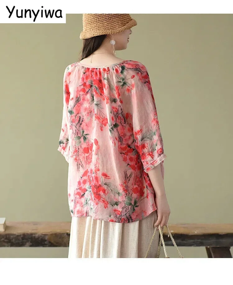 Summer Shirt Vintage Floral Print Tops Women v Neck Leisure Chic Loose Blouses Cotton Linen Thin Half Sleeve Shirts Lady Blusas