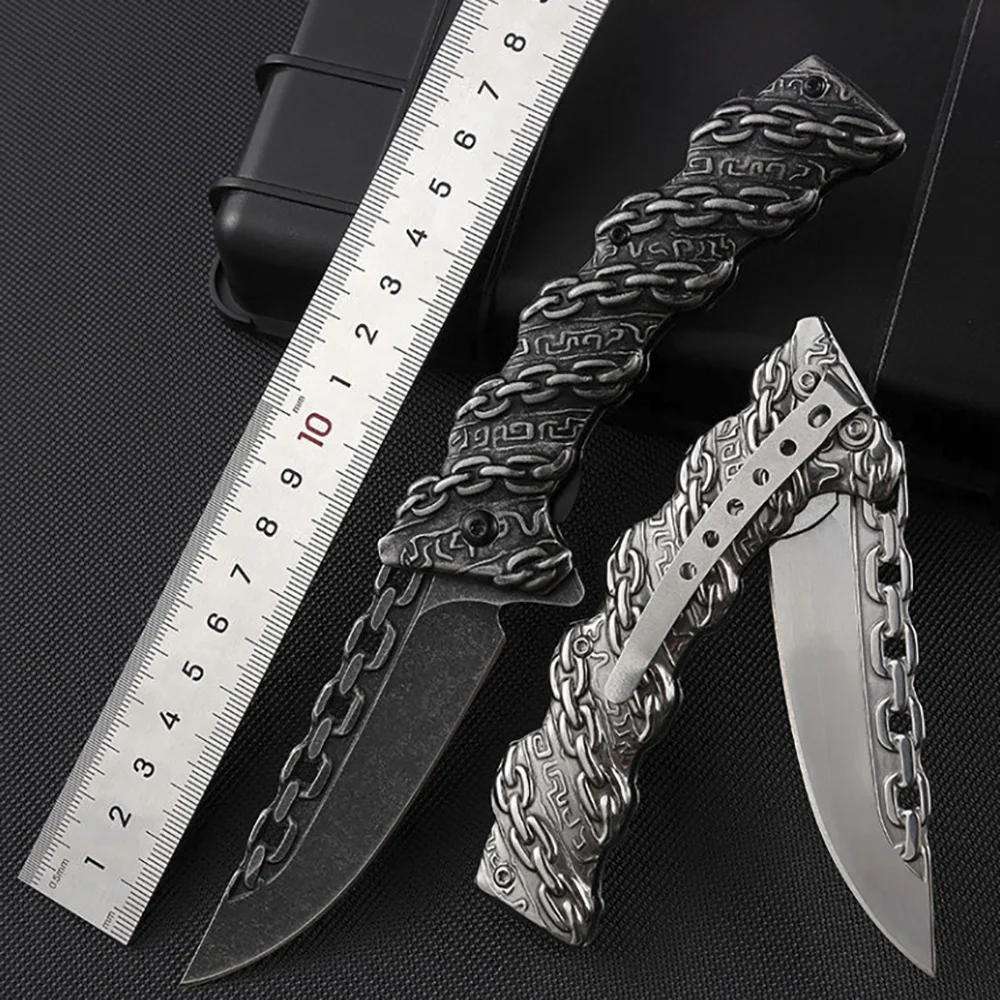 

Survival Fold Knife Chain Engraved Collection 3D Stonewash Folding Knife Pocket EDC Tools Outdoor Utility Knife Gift for Man