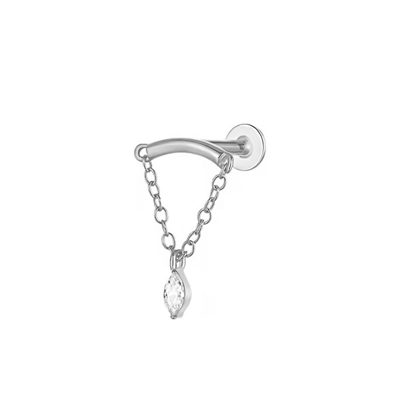 Titanium Piercing Labret Stud with CZ Flower Pendant Chain