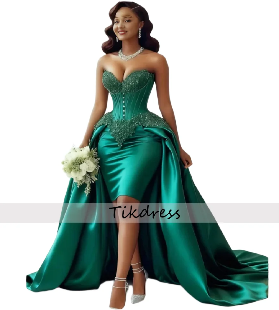 Urocza szmaragdowozielona suknia wieczorowa Aso Ebi, czarna suknia balowa typu hi-low z trenem i nakładką, zdobiona koralikami i koronką, na urodziny, formalna.