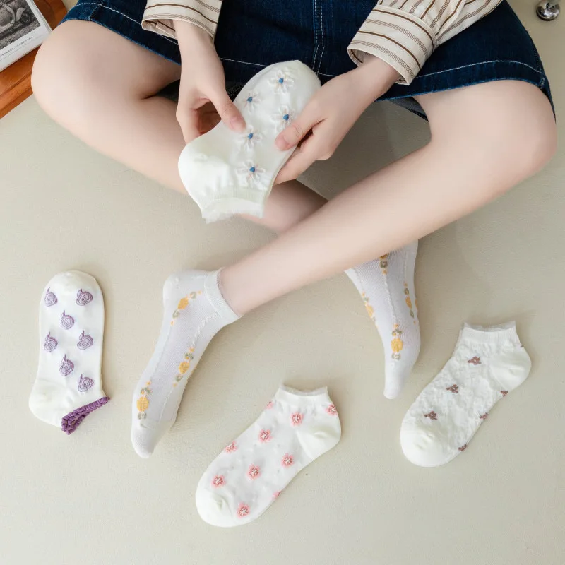 5 Pairs Korea Japanese Fashion Jacquard Lovely Flower Short Socks Women Floral Girls Cute White Low Cut Ankle Sox Summer Gift